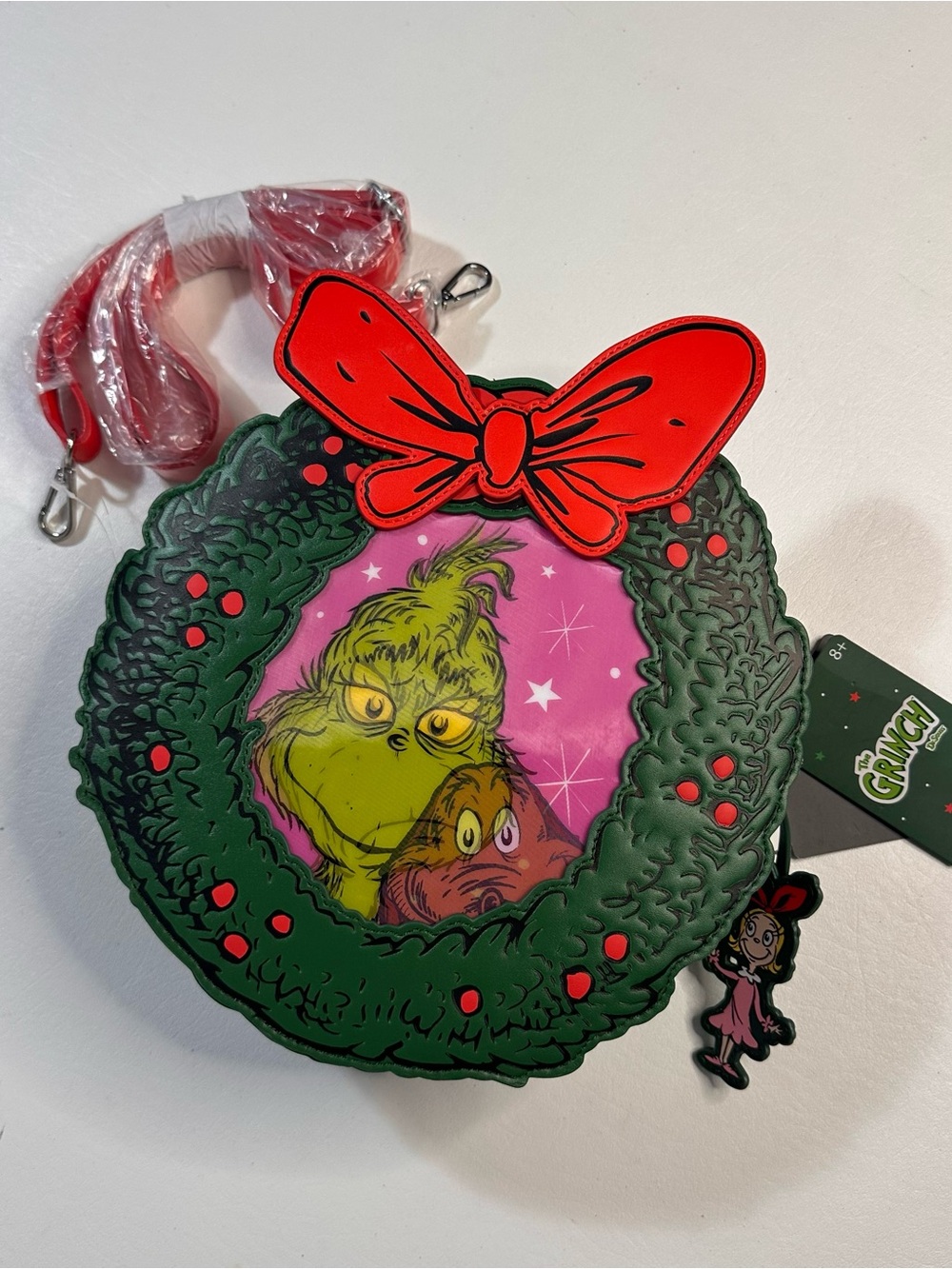 New! Loungefly Grinch holographic wreath crossbody bag
